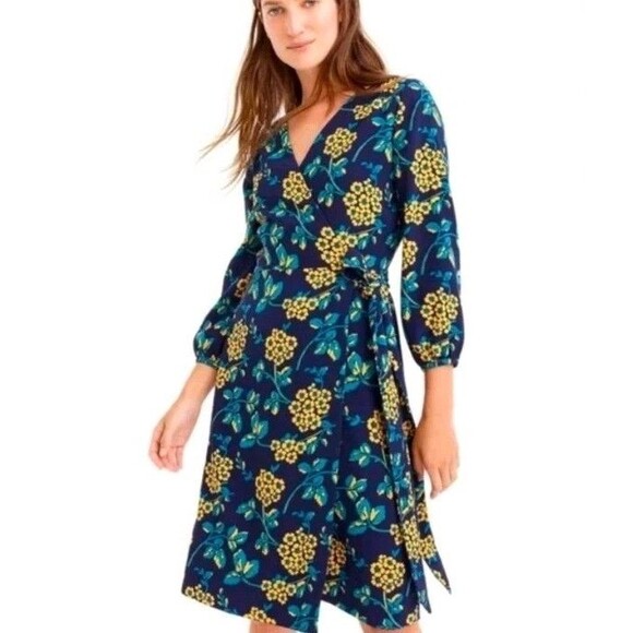 J CREW 0 Wrap Dress Navy Blue Golden Floral Print Knee Length Yellow V Neck 180 - Picture 1 of 8